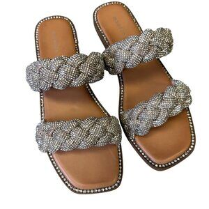 Madden Girl Rhinestone Braided Strap Slide Sandals Silver Women Size 8.5